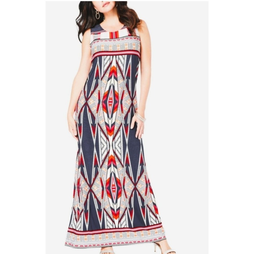 Denim 24/7  Sz Petite Med 14/16 Red‎ Navy Graphic Smooth Print Maxi Dress Geo